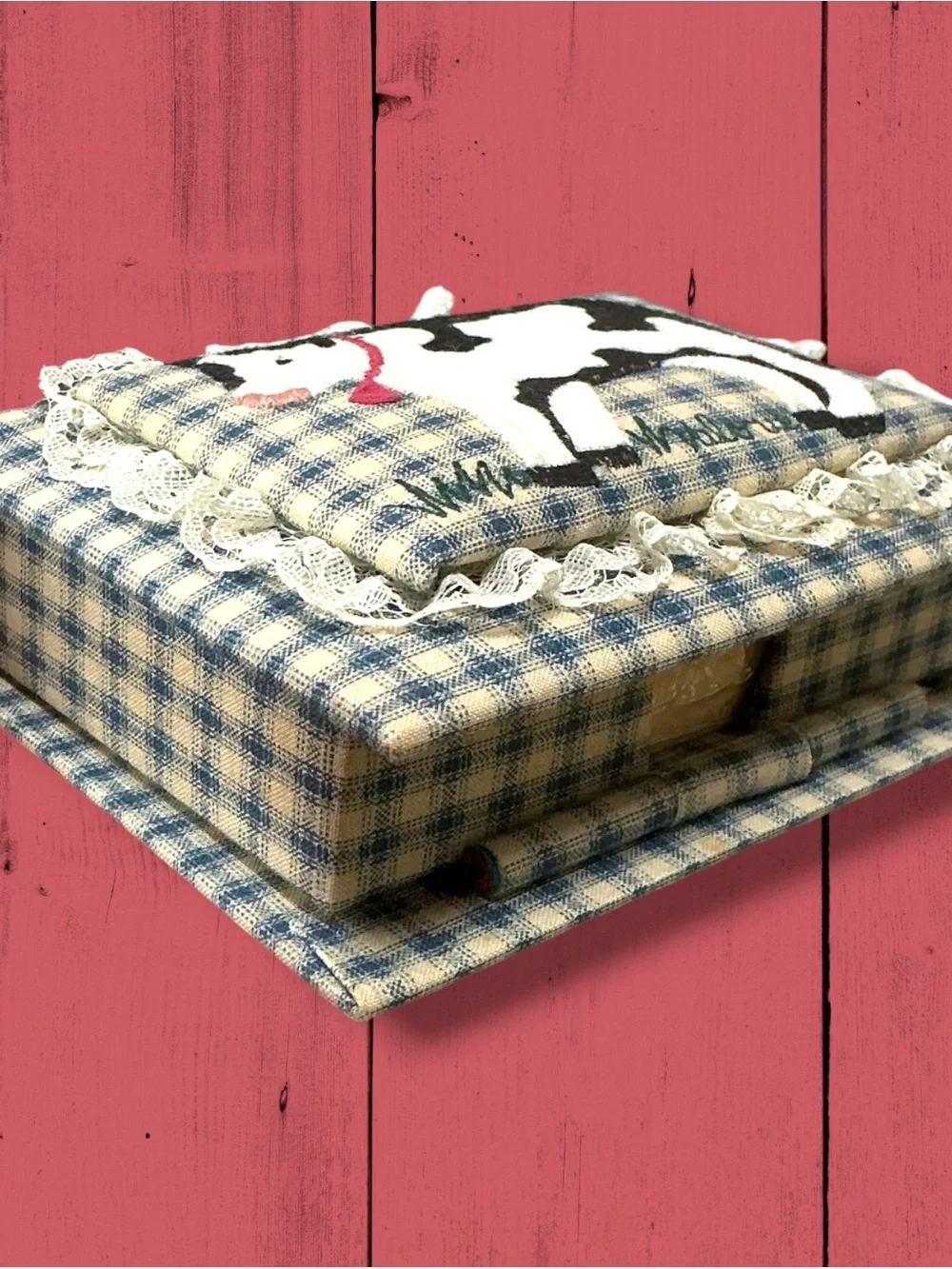 Valerie’s Art Appliqué Cow Cloth Covered Note Paper Box & Pencil Cottage Grandma